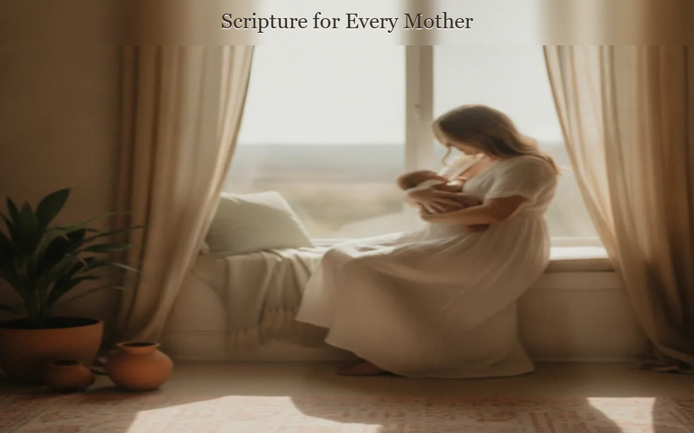 Photoreal mother sitting quietly beside a sunlit window with an open Bible and child’s blanket nearby, warm sand, sage, 