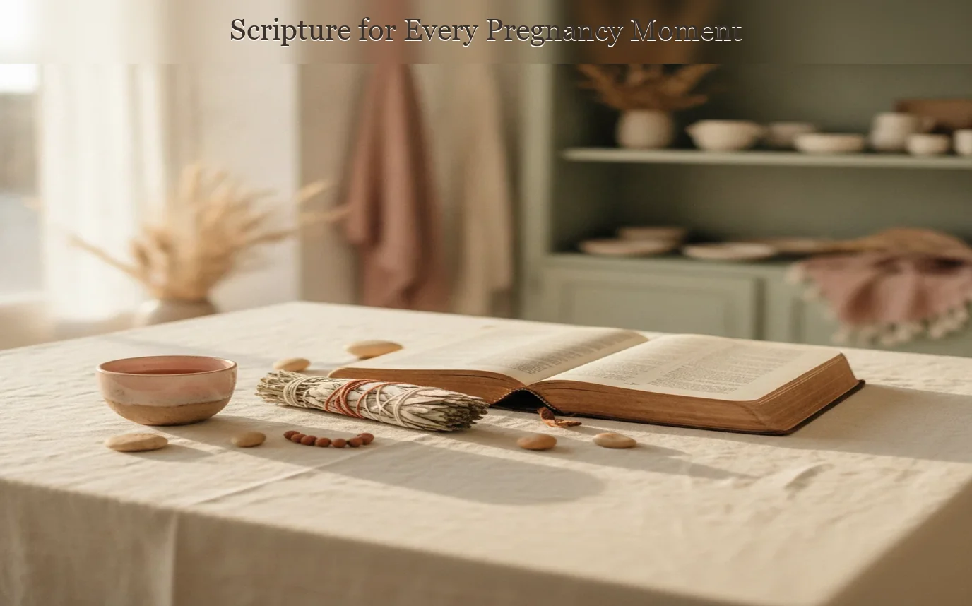 Photoreal pregnant woman resting by a sunlit window with an open Bible, warm sand and sage tones, soft linen textures, g