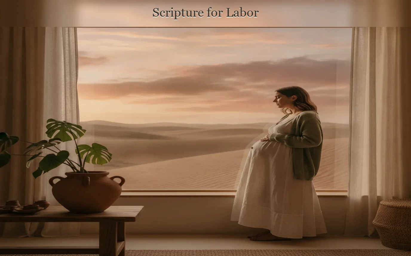 Photoreal pregnant woman resting with an open Bible near a packed hospital bag, supported by a caring partner, warm sand