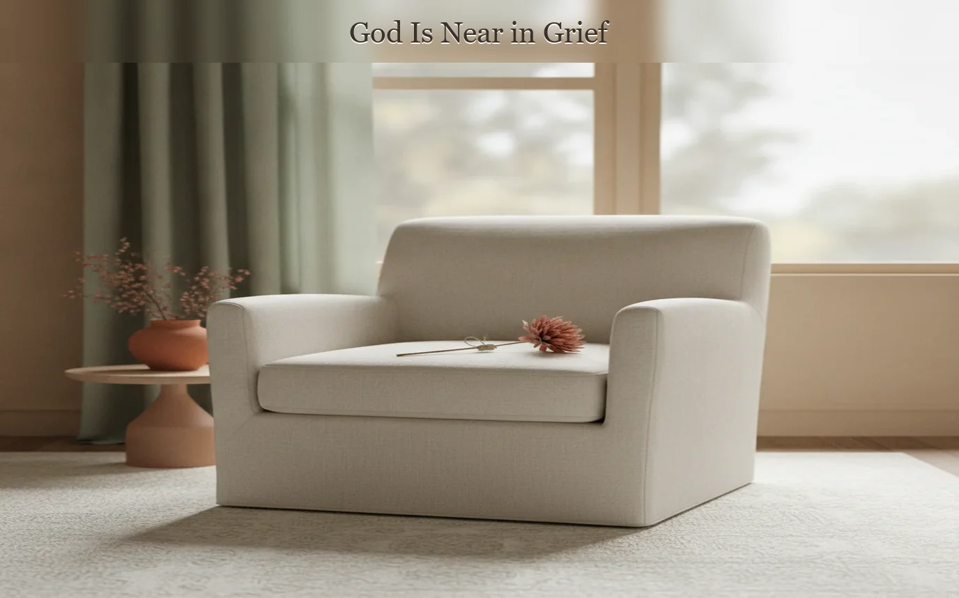Photoreal quiet bedside scene with an open Bible, folded linen, a small unlit candle, warm sand and sage tones, soft mor