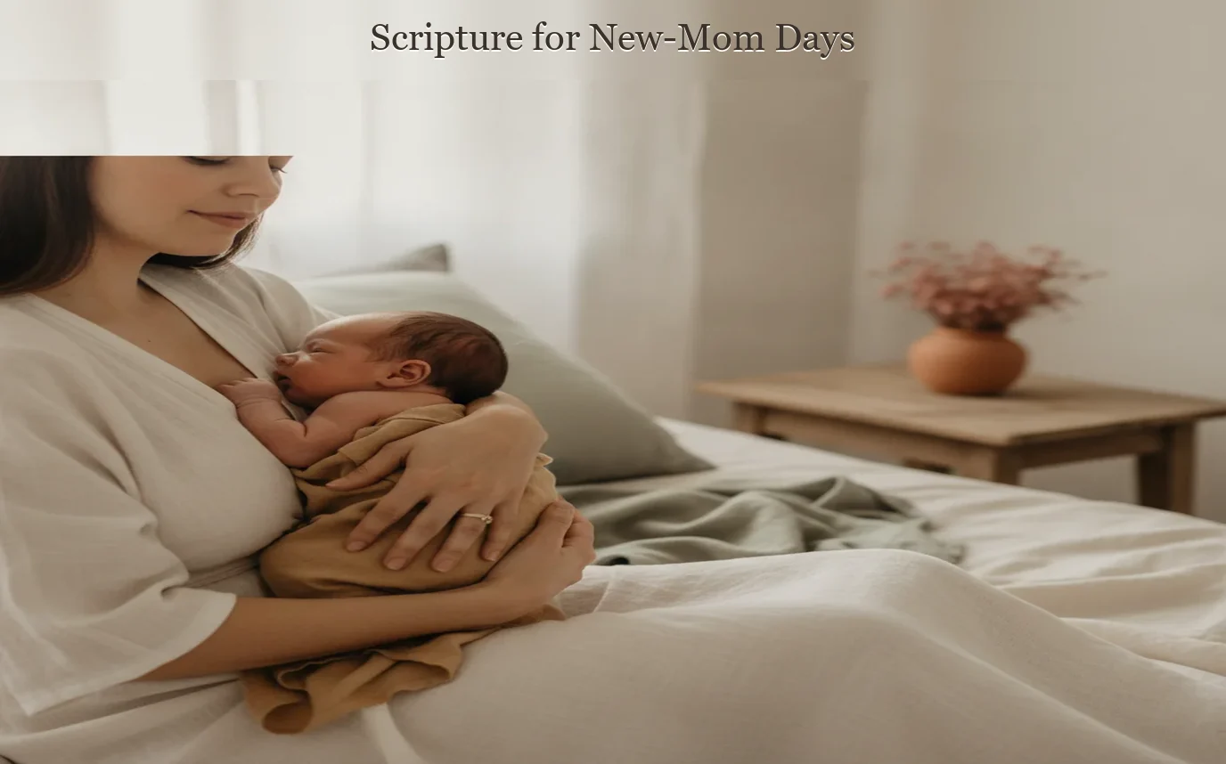 Photorealistic new mother resting with her swaddled baby near a softly lit window, warm sand and sage tones, natural lin