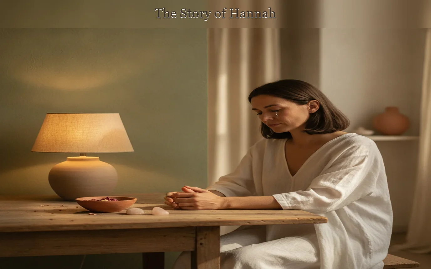 Photoreal biblical woman praying quietly near an ancient sanctuary at dawn, warm sand and sage palette, natural linen cl