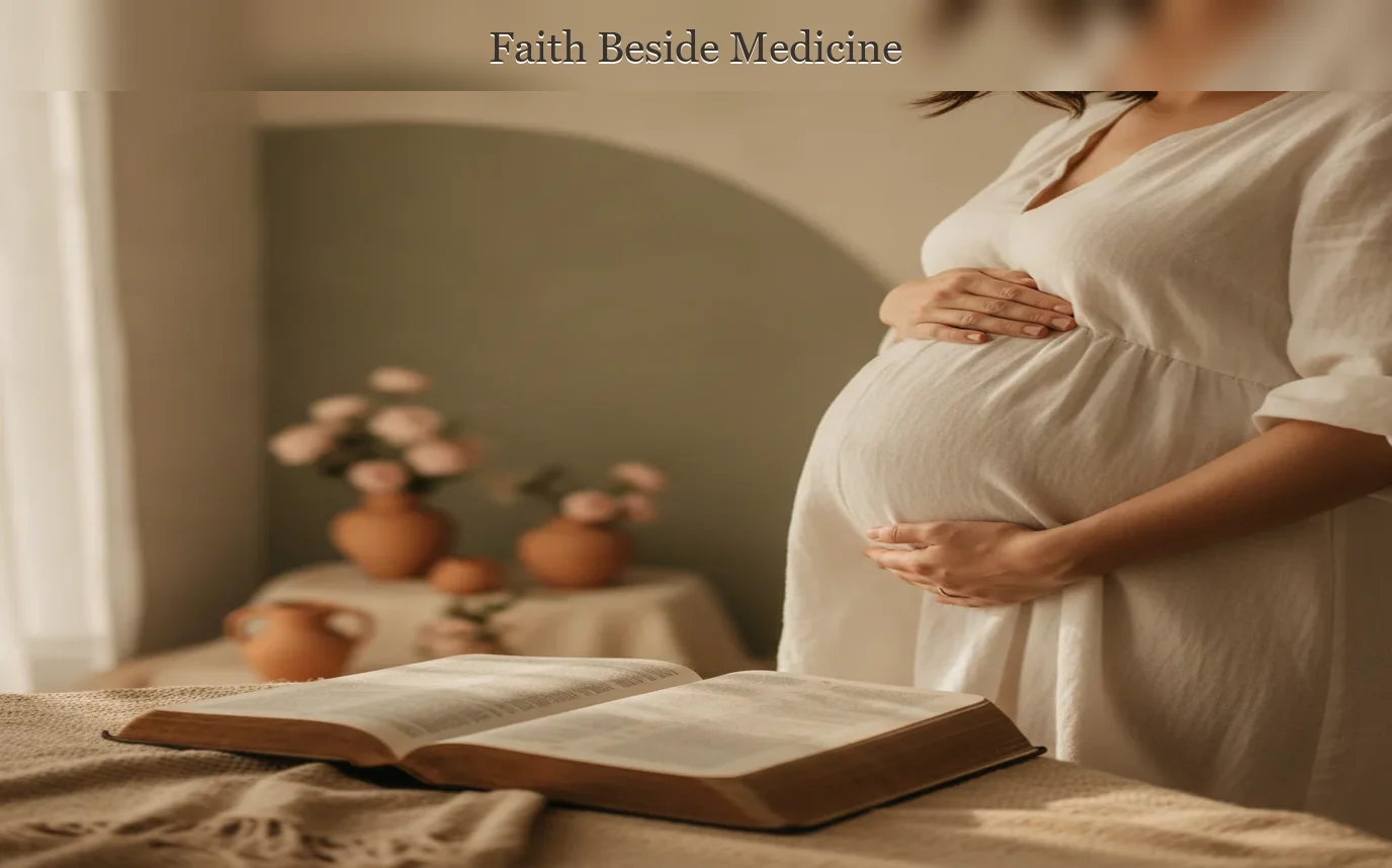 Photoreal pregnant woman sitting beside a softly lit window with an open Bible and journal, warm sand, muted sage, natur