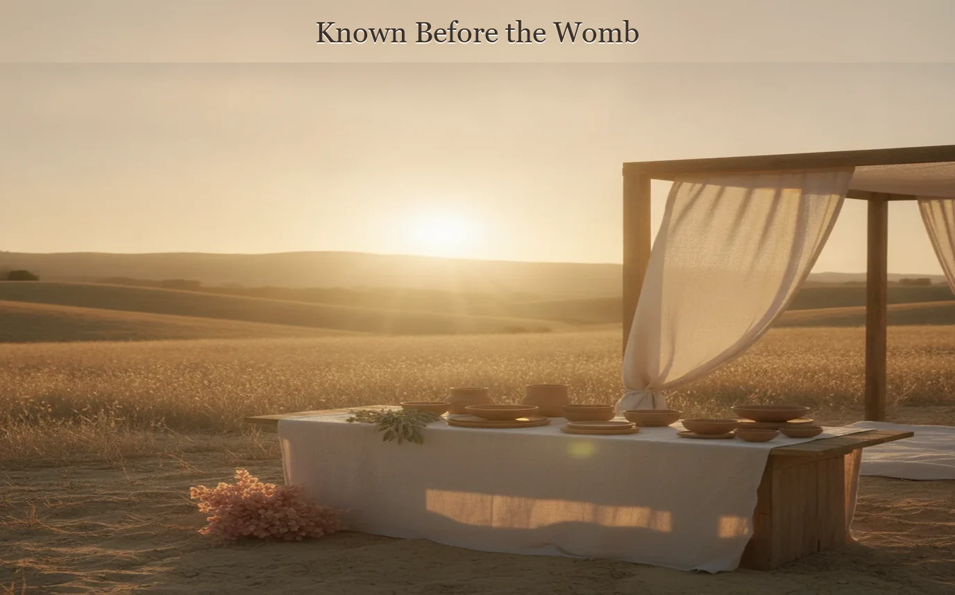 Photoreal expectant mother seated beside a window with an open Bible and one hand resting gently on her belly, warm sand