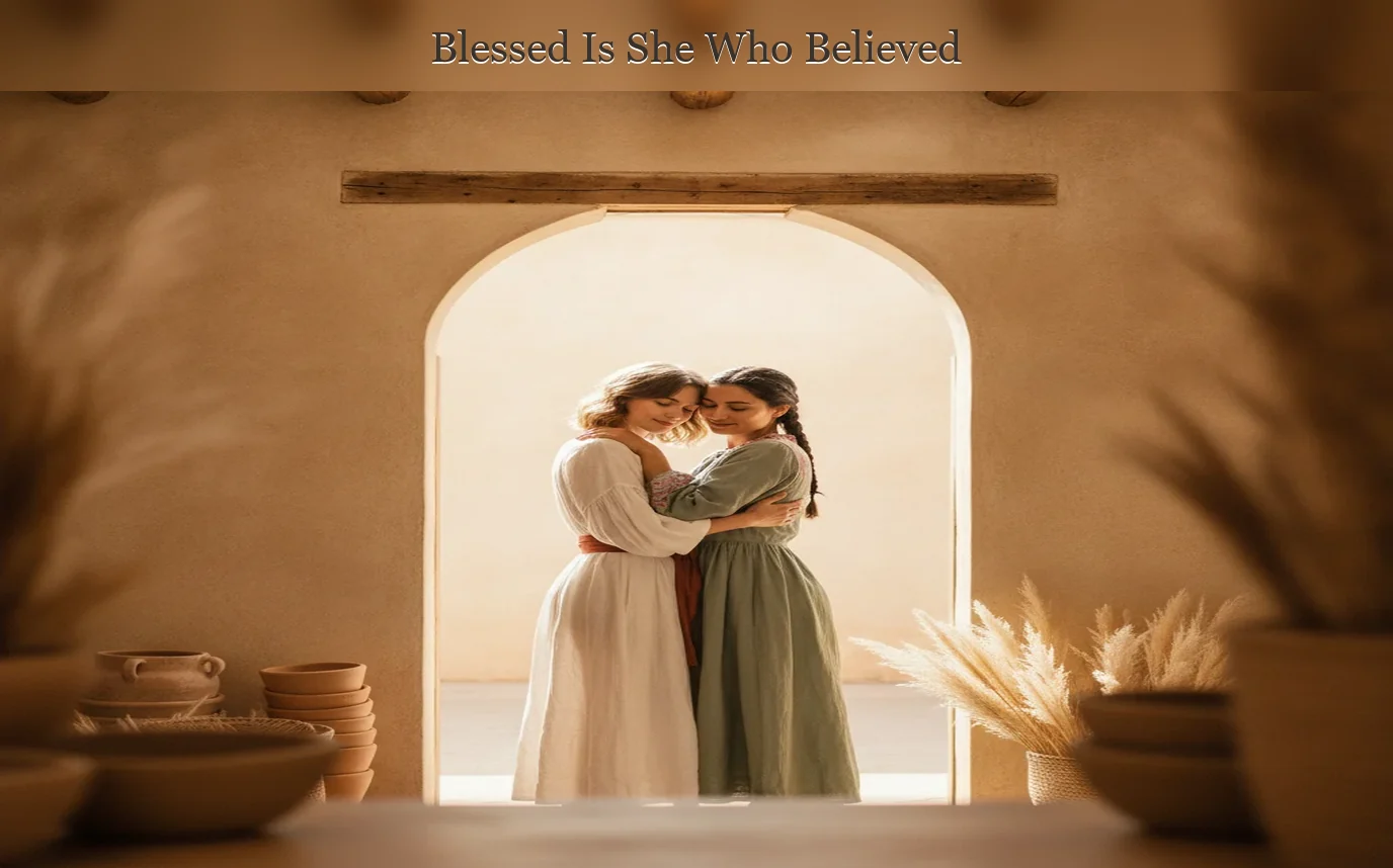 Photoreal scene of two pregnant biblical-era women greeting gently in a quiet hillside home, warm sand and sage tones, l