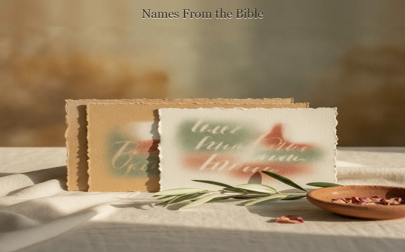 Photoreal open Bible beside a handwritten baby-name list on warm linen, with soft window light and a quiet sand and sage