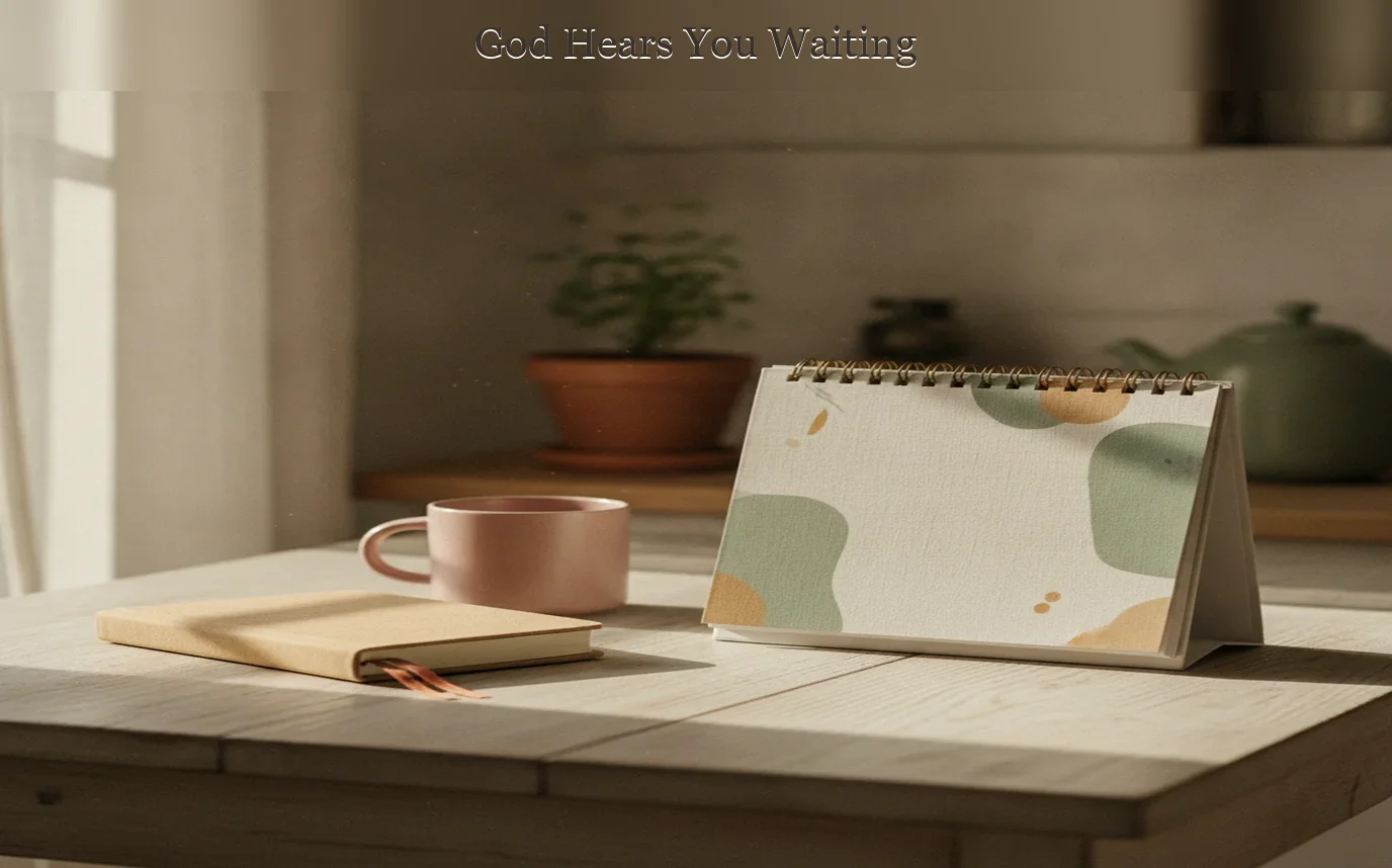 Photorealistic quiet morning scene with an open Bible, folded linen, a ceramic mug, and soft window light in warm sand a