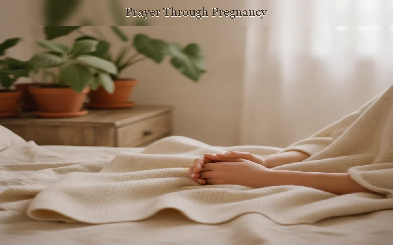 Photoreal pregnant woman seated beside a sunlit window with hands resting gently on her belly, quiet prayerful expressio