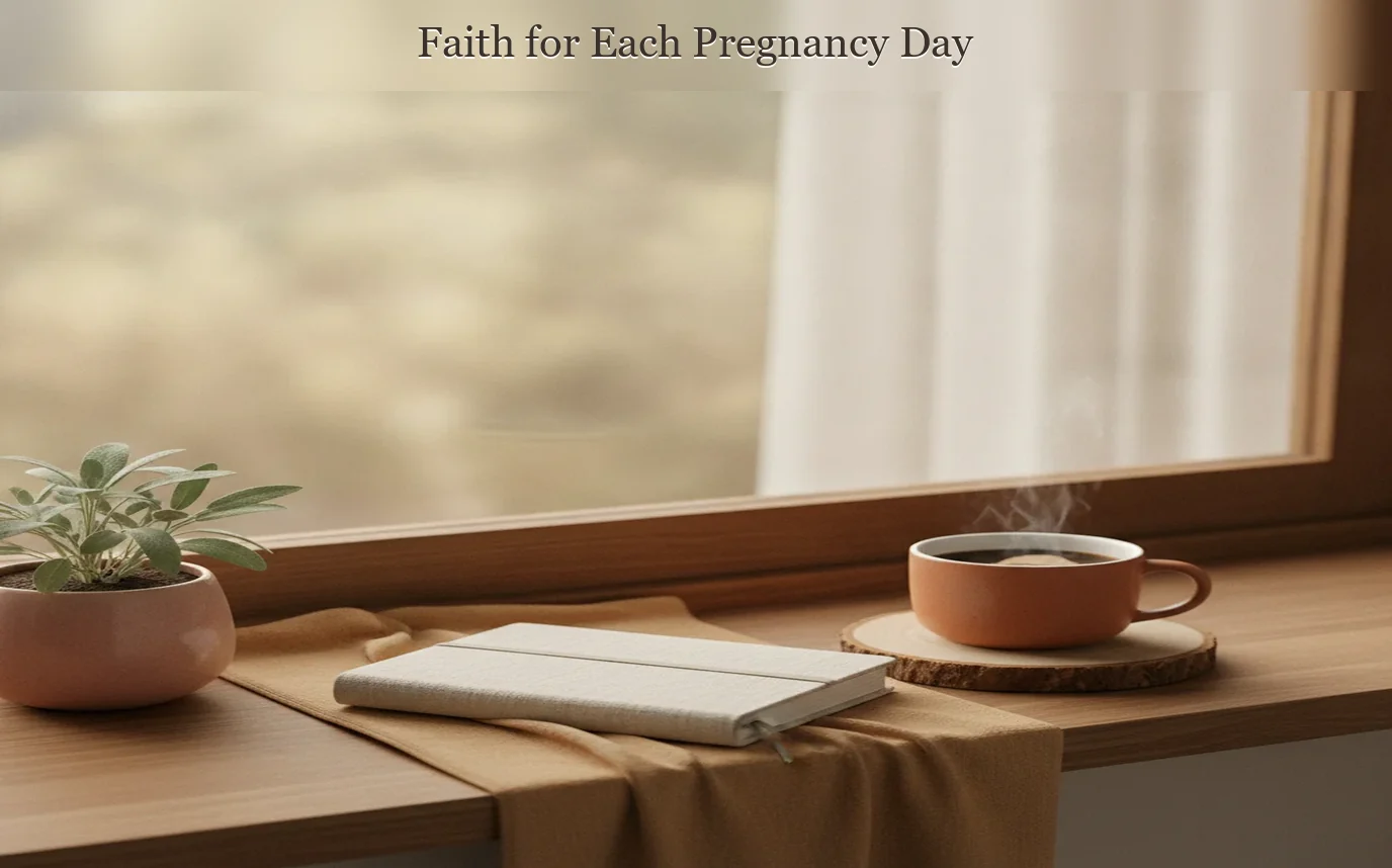 Photoreal pregnant woman with an open Bible and journal beside a softly lit window, warm sand and sage palette, linen te