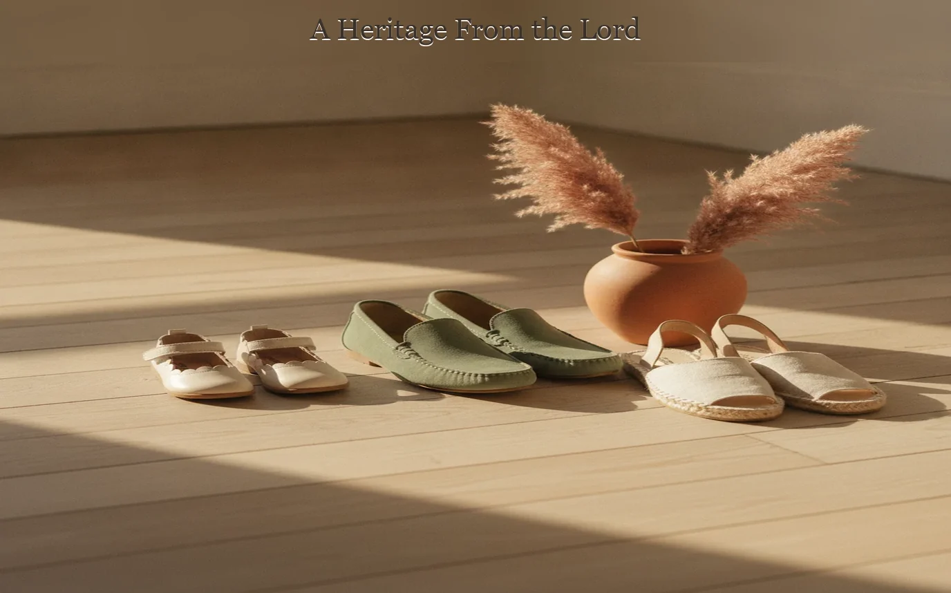 Photoreal open Bible beside a small pair of cream baby shoes on warm sand and sage linen, soft morning window light, pea