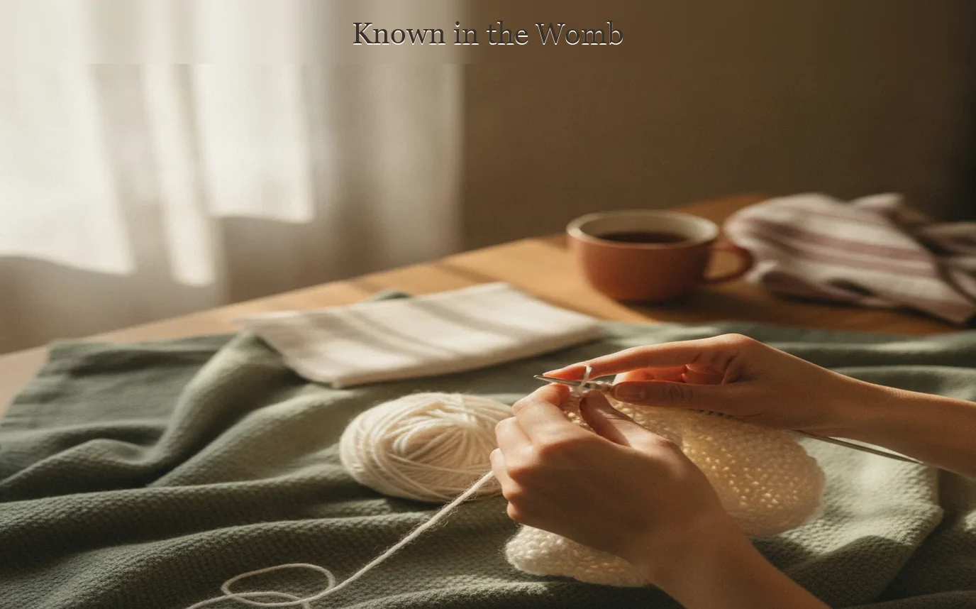 Photoreal pregnant woman resting by a softly lit window with an open Bible, warm sand and sage tones, natural linen text